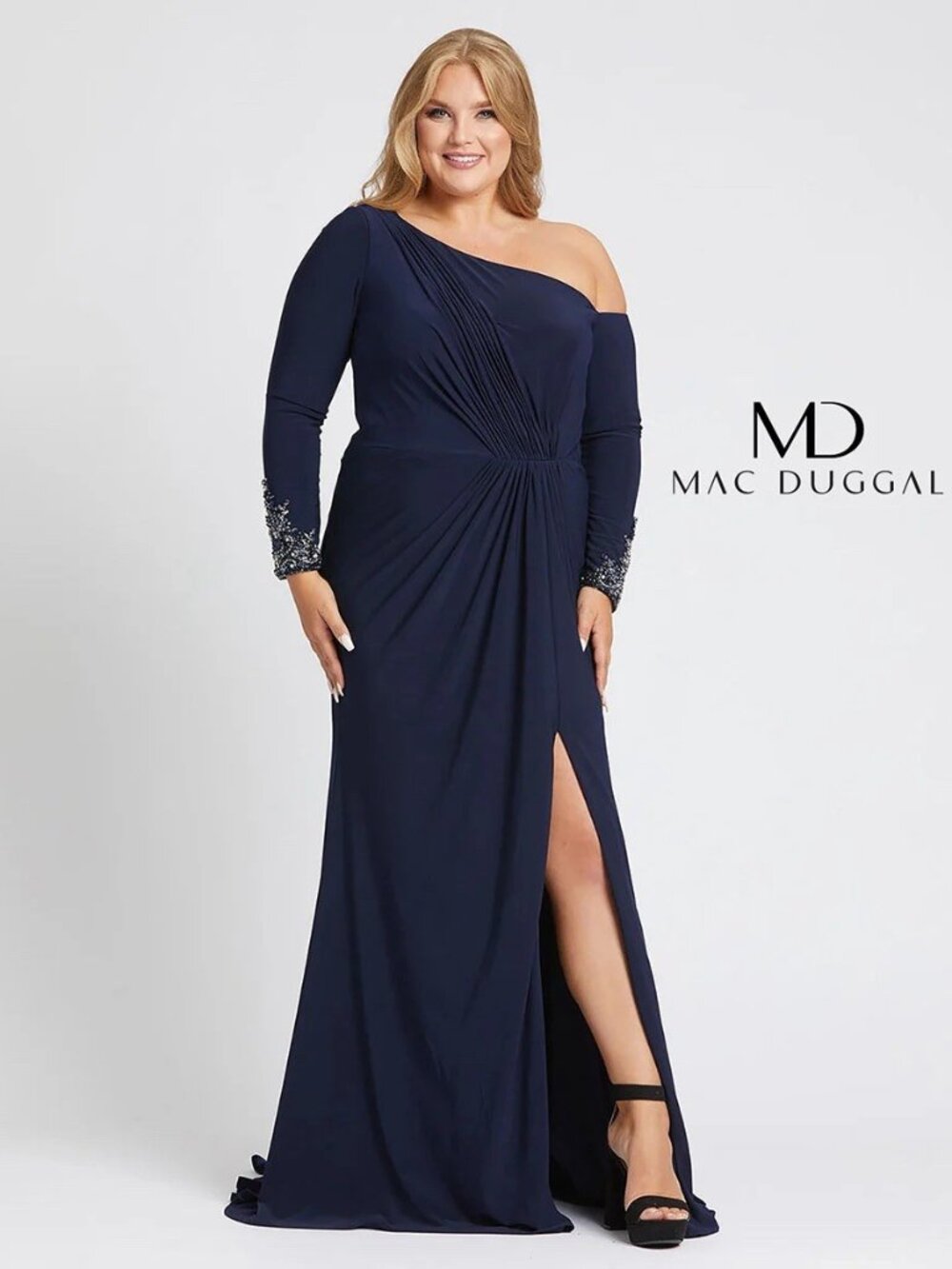 Mac Duggal Plus Size 16 W Navy Blue 67242F Cocktail Formal Maxi Gown Dress